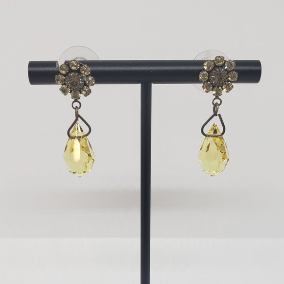 Vintage Yellow Rhinestone or Crystal Dangle/Drop Flower Earrings - Picture 7 of 10